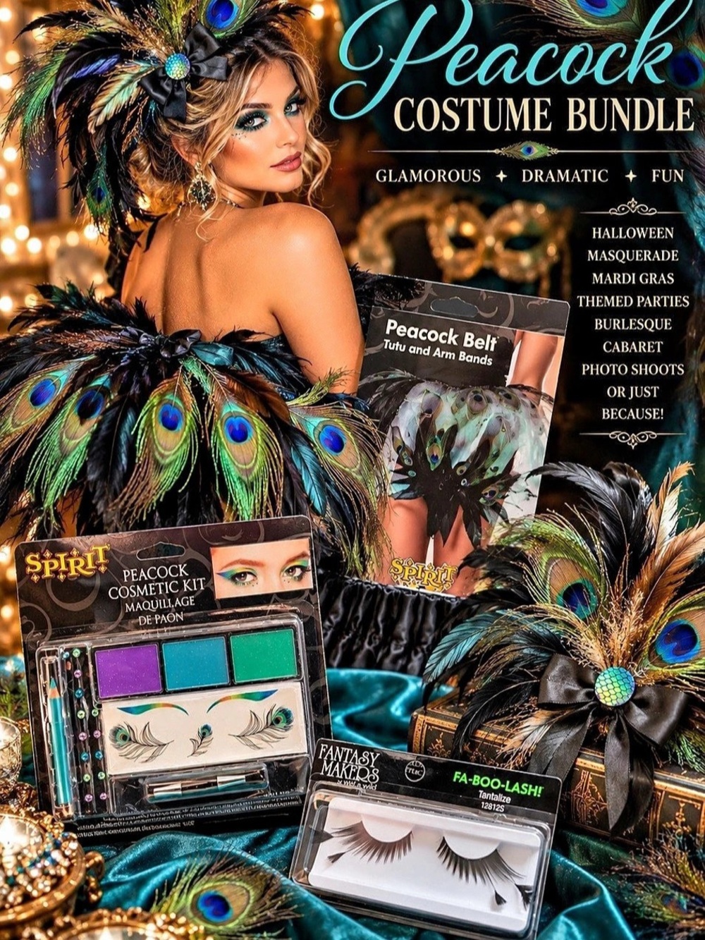 Spirit Halloween Peacock Costume Bundle Black & Green NWT